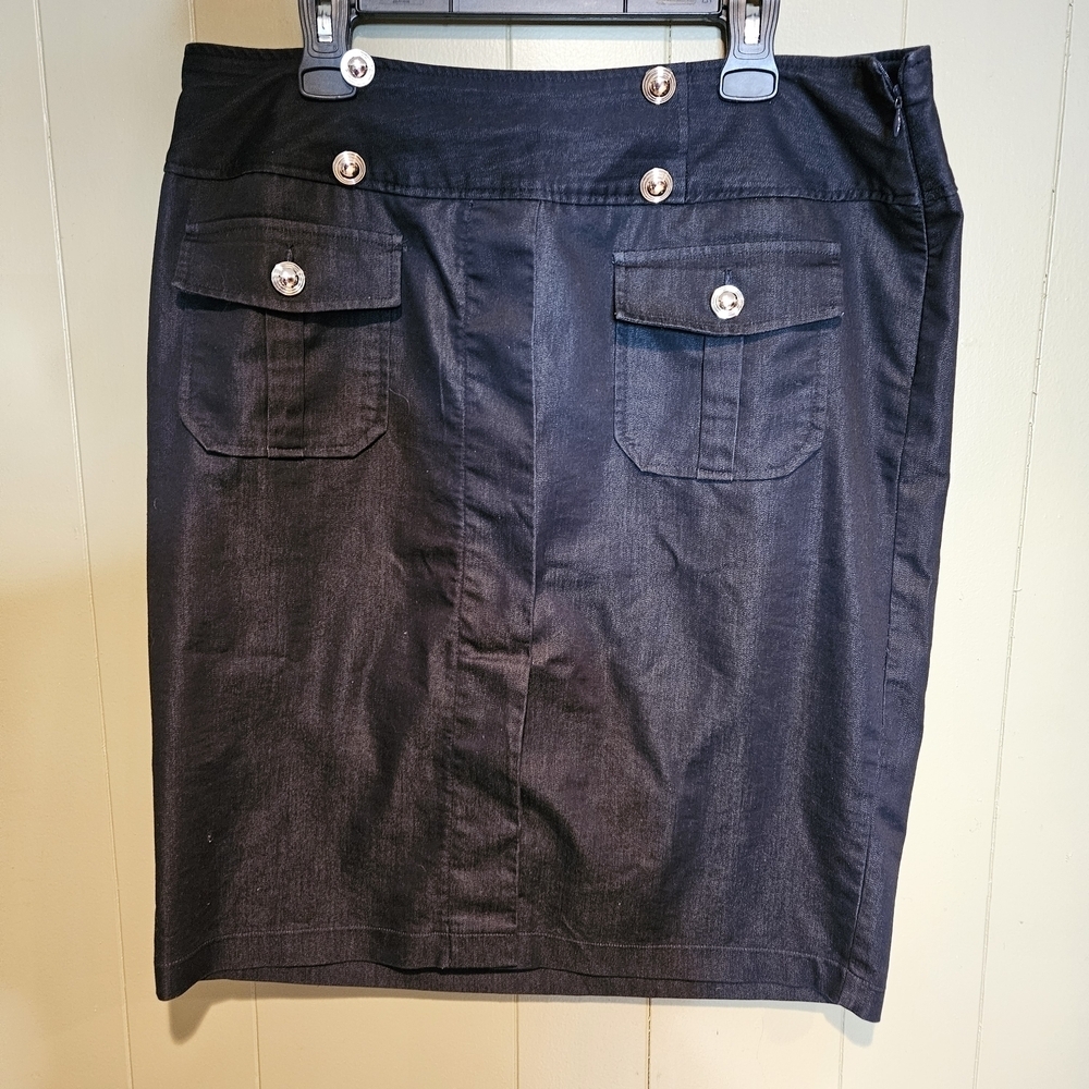 Ashley Stewart Dark Wash Denim Skirt 16W | Stretch Pencil Skirt w/ Button Detail
